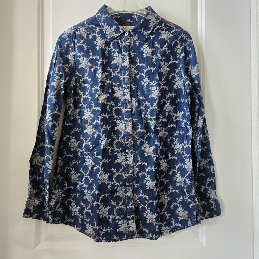 Overland Womens Floral Button Down Shirt Tencel Cotton Midnight Blue‎ Casual M - Picture 2 of 6